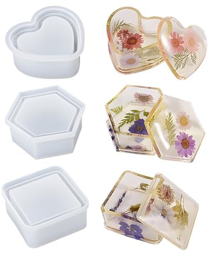 3Pcs Resin Moulds Silicone Moulds for Resin Epoxy Resin Moulds | Heart Hexagon Square Jewelry Storage Box Moulds for Making Resin Casting DIY Crafts Wedding Specimens