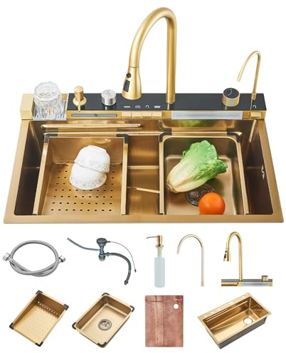 Juego de fregadero de cocina de acero inoxidable con LED dorado, tamaño grande, 70 x 46 x 21 cm,
