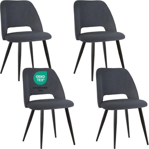 JIJIAN Esszimmerstühle 4er Set, Streifencord mit Ausschnittrückenlehne | Stühle Esszimmer, Küchenstühle, Wohnzimmer Essstühle, Gepolsterte Stühle für Esszimmer, Küche, Schlafzimmer, Schwarz