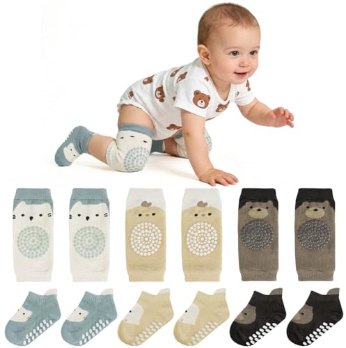 AOOTE Juego de 3 pares de rodilleras para bebés y 3 pares de calcetines para gatear, con puntos de goma, para niños y niñas