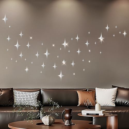 70 PCS Stern Sticker Spiegel Wandaufkleber, 3D Abnehmbares Acryl Wandtattoo Schlafzimmer Selbstklebende Wandkunst für Wohnzimmer Schlafzimmer Schlafsaal Miete Heimdekor (Slivery)