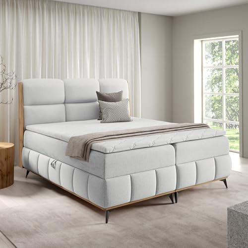 Home Collective Boxspringbett Polsterbett Doppelbett Bett mit Stauraum und Topper inklusive | modernes Design mit edlen Holzdetails Schlafzimmer Jugendzimmer Möbel | Hellgrau 160x200 cm
