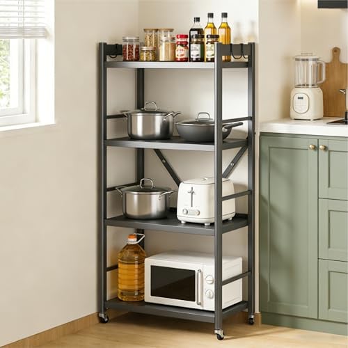 Mai & Mai Küchenregal stehend 60x41x125cm, Küchen Organizer mit 4 Ebenen | Standregal Küchen mit 4 Lenkrollen und Seitlichen Haken, Mikrowellen Regal für Mikrowelle, Töpfe & Gewürze, Grau Reglo-13