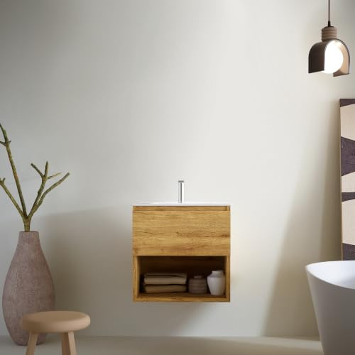 Feel Your Bath Mueble de Baño PANTER Decorativo 60 cm Marrón Madera, 1 Cajón Soft Close, Acabado Decorativo, Encimera Cerámica Blanco Brillo con Lavabo, Diseño Suspendido, Compacto Funcional