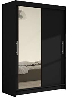 Mirjan24 Kleiderschrank Miami VI mit Spiegel, Modernes Schiebetürenschrank, Schlafzimmerschrank, Garderobenschrank für Schlafzimmer (Schwarz)