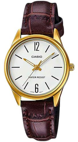 Casio Analog LTP-V005GL-7BUDF, Brown, The generated Style for The Watch is 'Elegant', as it a Classic Design with Round case, Made of Stainless Steel and Leather Band. face has Minimalist Simple