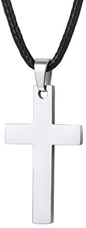 PROSTEEL Crucifix Chain for Men Stainless Steel Christian Cross Pendant 24 inch Leather Rope Necklace Gift