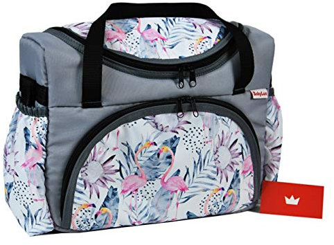 BABYLUX Wickeltasche Kinderwagentasche für Windeln Flaschen für Kinderwagen (68. Grau + Flamingo)