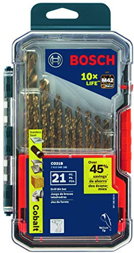 BOSCH, CO21B, Juego surtido de 21 piezas con estuche incluido, broca de metal Cobalt M42 con vástago de tres planos para aplicaciones de perforación en acero inoxidable, hierro fundido, titanio, metal