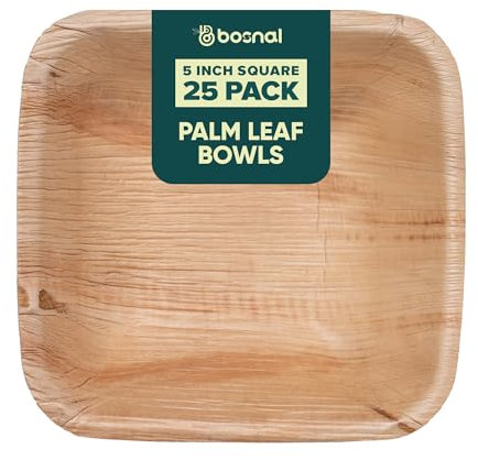 Bosnal - Palm Leaf Biodegradable Bowls, 5 inch, Square, 25 pcs, Compostable, Bamboo and Wood Style, Stackable, Restaurant Grade, Eco Friendly, Disposable
