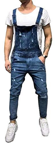 FANSU Salopette da Uomo con Jeans, Tuta di Jeans Strappati Moda Lavaggio Rotto Tasca Pantaloni Reggicalze Pantaloni Casual da Elasticizzato (M,Blu scuro)