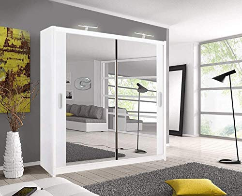 A.C. Milan German Modern Double Mirror sliding door wardrobe with LED Light Width 100cm/120cm/150cm/180cm/203cm/250cm (White, 100 CM)