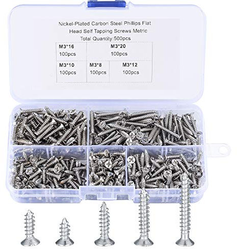 500 Pcs M3 Self Tapping Screws, Wood Decking and Concrete Fasteners, Cross Drive Flat Head With Plastic Box for Home DIY - 8/10/12/16/20 mm