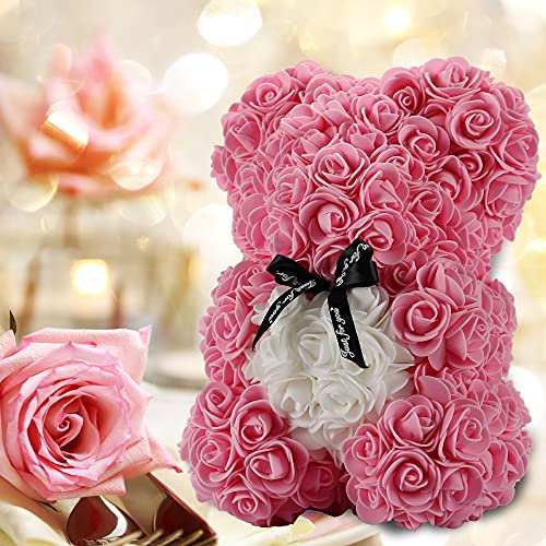 Gifts for Women,Birthday Gifts ,Rose Flower Bear-Hand Made Rose Teddy Bear,Best Artificial Decoration Gifts for mom, Gifts for Girls,Unique Gifts,The Perfect Party Clear Gift Box (Pink)