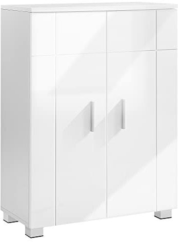 VASAGLE Badezimmerschrank, Sideboard, Badschrank, Beistellschrank mit verstellbaren Regalebenen, Flurschrank, TÜr und Oberplatte mit Hochglanz OberflÄche, 60 x 30 x 82 cm, weiß BBK144W01
