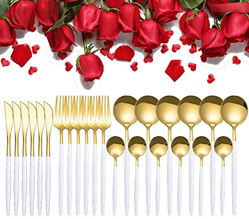 HUIIUH Ensemble Couverts de Table Or Blanc 24 Pièces pour 6 Personnes, Set de Couverts Dorés Miroir en Acier Inoxydable, Ménagère 24 de Vaisselle Couteau/Fourchette/Cuillère/Cuillère Café
