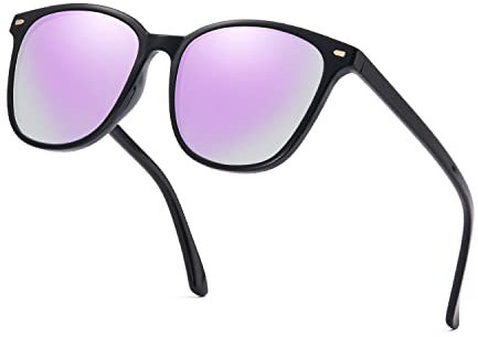 Myiaur Lunettes de soleil miroir pour femme, lunettes de soleil polarisées, protection UV, lunettes de soleil carrées classiques pour activités de plein air (Monture noire/verres violets)