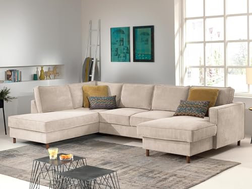 Lisa Design Jake - Wohnlandschaft - mit Schlaffunktion und Bettkasten - 7-Sitzer - aus Cord - Links Beige