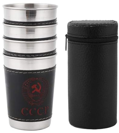 4X Gobelet en Acier Inoxydable, Gobelets Réutilisables, Gobelets de Camping avec Cas de Tasse en Cuir Gobelets de Voyage Incassables pour Café, Bière, Whisky, 170ml