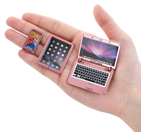 cobee 1:12 Mini Laptop Set,3pcs/set Mini Metal Laptop Tablet Smartphone Scene Simulation Accessories Dolls House Furniture Doll Accessories Play Set (Rose Gold)