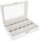 Pissente 12 Uhren Display Organizer Uhrenbox, 12 Gitter PU Leder Uhrenhalter Schmuck Display Uhren Aufbewahrungskoffer, PU Leder Weiß 30,5 * 20,5 * 8 cm