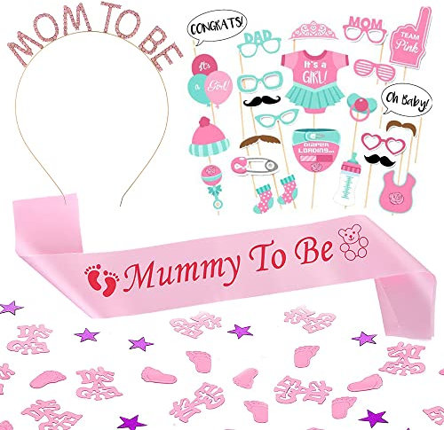 Rosa Baby Shower Deko Set, Mädchen Babyparty Dekoration, Its a Girl Konfetti Für Baby Party, Mom To Be Krone, Mummy To Be Schärpe, 25 Stück Mädchen Fotobox Accessoires