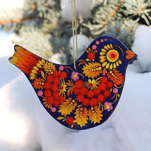 Besonderer Christbaumschmuck Vogel zum Aufhängen 11 x 8,3 x 0,5 aus Holz Beidseitig Handbemalt Petrykiwka-Malerei, Ukrainische Kunst für Ihren Christbaum