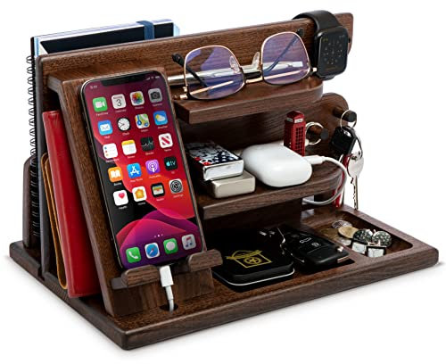 Teslyar Gifts for Men Wood Phone Docking Station Fathers gift Men's bedside stand Xmas gift Desk organizer for him Anniversary Birthday presents Present for Men Key Holder Wallet Stand (Amber)