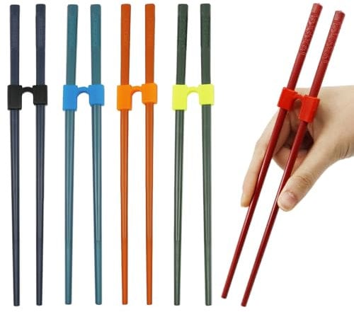 Chopsticks and Chop Stick Helpers 5 Pairs Set, Plastic Hinges Connector Training for Kids, Adults, Beginner, Trainers or Learner, Non-Slip Reusable and Replaceable, Dishwasher Safe(Cherry Blossom)