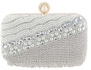 CORIOS Damen Abendtasche Perlen Strass Fransen Clutch Geschenk Tasche Klein Brauttasche Abnehmbarer Kette Handtasche Umhängetasche für Hochzeit Abendparty Tanzparty Bankett Geburtstag Silber