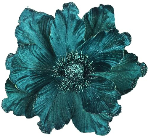 GL-Turelifes 6 Stück Glitzer Weihnachtsblumen Große Samt Magnolie Künstliche Blumen Ornamente Gefaltete Blume für Weihnachtsbaum Dekoration Kranz Dekor Hochzeit Herzstück (Dunkelgrün)