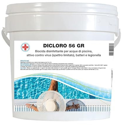 Virsus Dicloro Granulare 56 gr per acque piscina 5010, per la disinfezione dell’acqua, contro virus e batteri, Agente clorante stabilizzato per trattamenti shock e recupero acque deteriorate (10 Kg)