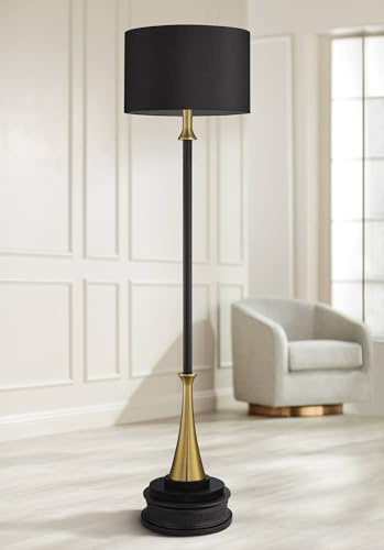 Possini Euro Design Burbank Mid Century Modern Art Deco 70 Tall Floor Lamp Standing with Dimmer and Round Riser Two-Tone Black Brass Fabric Drum Shade for Living Room Family Bedroom Office House