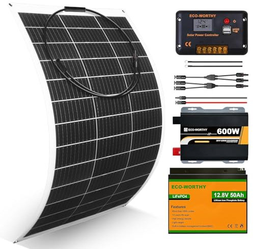 ECO-WORTHY 130W 12V Solarpanel Flexibles Komplettes Kit: 130W Flexibles Solarpanel + 50Ah Litthiumbatterie + 600W 12V Sinuswechselrichter + 30A PWM Laderegler für Wohnwagen, Wohnmobil, Boot