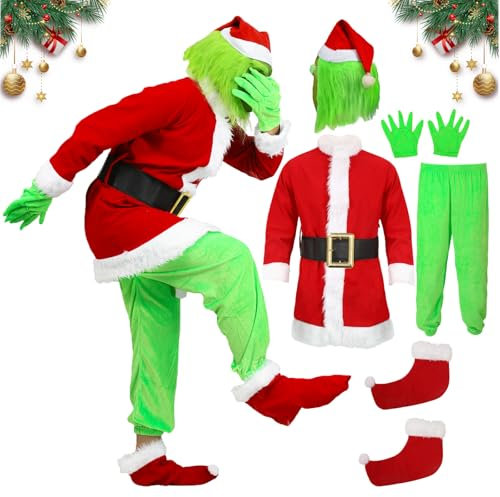 XehCaol 7 Pcs Grinch Kostüm Erwachsene Mit Maske,Grün Großes Monster Kostüm,Weihnachtsmann Kostüm Nzüge Outfits Halloween Costume Props (M, green costume adult)