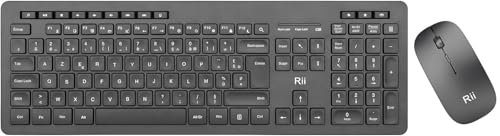 Rii | Combo Clavier Souris sans Fil Combinés | 2,4GHz Mince Silencieux Ensemble Pleine Taille Clavier et Souris avec 22 Raccourcis Multimédia & 3 DPl Réglables | pour Windows, Mac, PC, Laptop | Noir