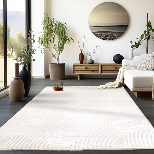 HomebyHome Kurzflor Teppich Wohnzimmer Creme 3D Teppich Skandinavisches Stil Modern Teppiche 120 x 170 cm - Boho Teppich Schlafzimmer Küchenteppich Waschbar Boho Muster Weicher Wohnzimmerteppich
