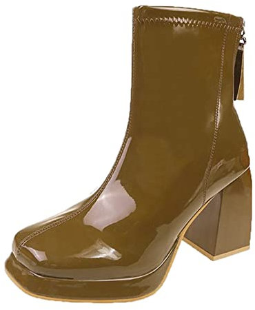 Stivaletti con Tacco Scarponcini Donna Stivaletti da Donna Autunno e Inverno Tinta Unita Punta Quadrata Cerniera Posteriore Comodo Tacco Grosso Camper Scarpe Donna Stivali Donna Alti con (Brown, 39)