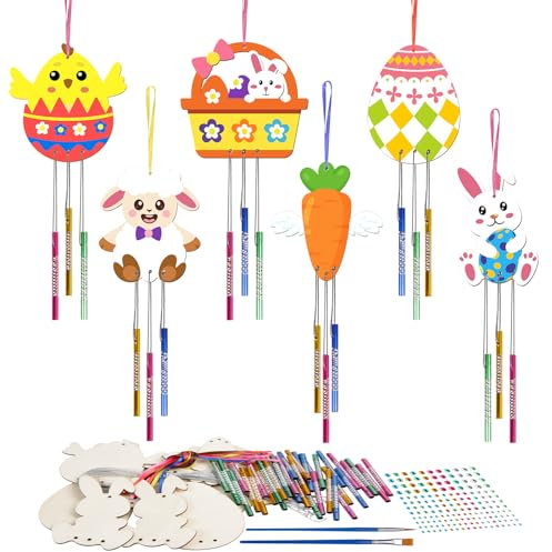 HONMOK 12 Pack Easter Craft Kit for Kids, Wooden Eggs Bunny Rabbits Chicks Baskets Carrots Windchimes, DIY Arts and Crafts for Boys Girls Toddlers Party Activities