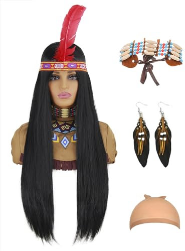 Indianer Perücke Damen Indianer Kostüm Damen mit Zubehör Perücke Schwarze Lang Schwarze Perücken für Indianer Kostüm Fasching Karneval Halloween DE094BK