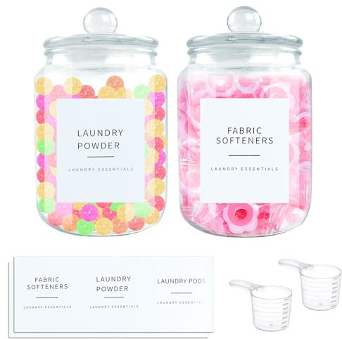 Lot de 2 Bocaux en Verre pour Buanderie avec Couvercle Hermétique, BoîTe à DéTergent, BoîTe De Rangement Pour DéTergents, avec 6 étiquettes, 2 Tasses à mesurer, pour Bonbons, Cookies, Farines