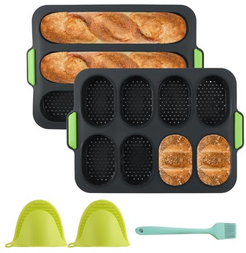 DAJAVE Brötchen Backform Set Baguette Backform Silikon Backformen für Brötchen Baguette Backblech Silikonform mit 2 Isolationshandclip+Ölpinsel für Muffins, Baguette, Brot