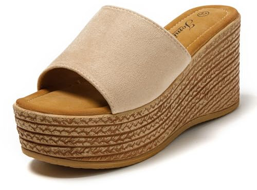 JOMIX Ciabatte Donna Estive Zeppa Pantofole Elegante a Fascia Sandali Comodi da Estate Casa Mare Spiaggia SD9098 Beige, 41