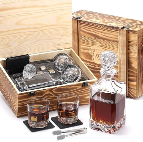 LUSKEYCOR Whiskey Decanter Set with Wooden Crate, Lion Whiskey Decanter 25.4 oz and 2 Glasses 10 oz with 304 Stainless Steel Whiskey Stones, Slate Coasters, Tongs, Gift for Men husband Dad Wedding