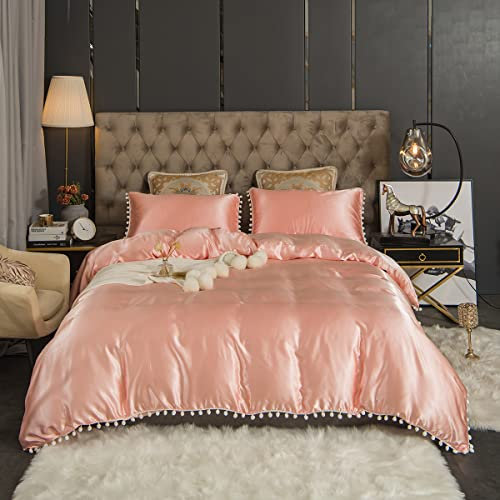 Freyamy Satin Bettwäsche 220x240,Luxus Pom Pom Quaste Glatt Seide Glanzsatin Rosa Bettwäsche Set,Modern RomantischSommer Bettwäsche Sets 1 Bettbezüge + Kissenbezug 80x80 mit Reißverschlüsse