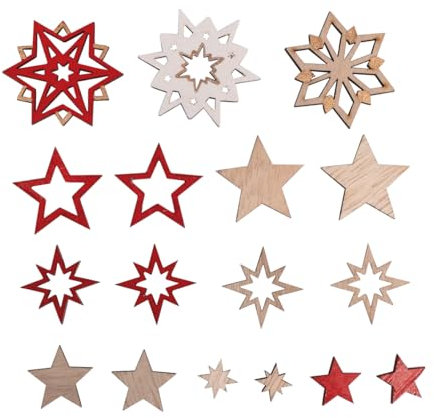 Rayher Holz-Streuteile Sterne, FSC-zertifiziert, 1,2 – 4 cm ø, Beutel 17 Stück, teilweise mit Klebepunkt, rot, weiß, natur, Tischstreuer, Streudeko Weihnachten, 46763000