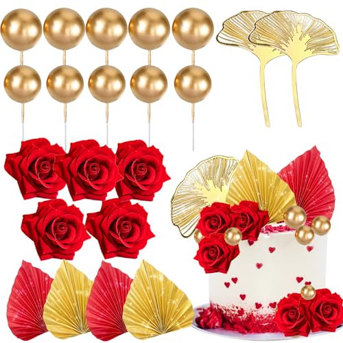 MEMOVAN Red Rose Cake Topper 21PCS Boho Flower Cake Toppers Gold Balls Ginkgo Palm Leaves Cake Decoration Queen Birthday Cake Decoration for Wedding Birthday Engagement Bridal Shower Bohemian
