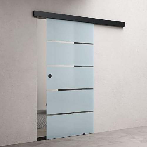 doporro Glasschiebetür Komplettset Softclose 102,5 x 215cm | 25mm Wandabstand | Schiebetür mit ESG-Sicherheitsglas | Zimmertür Glas 5-Milchglas-Streifen und Schwarz Muschelgriff | Amalfi-plus 11H
