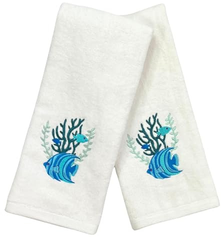 Serafina Home Summer Soft Absorbent Bathroom Coastal Guest Embroidered Hand Towels: Sealife Tropical Fish Design, 2 Piece 16 x 25 Inches