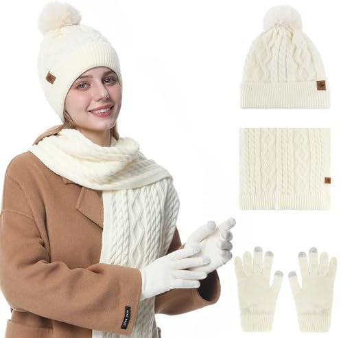 Mütze, Schal Und Handschuh-Set Für Damen - 3 In 1 Winter Set (Creme)